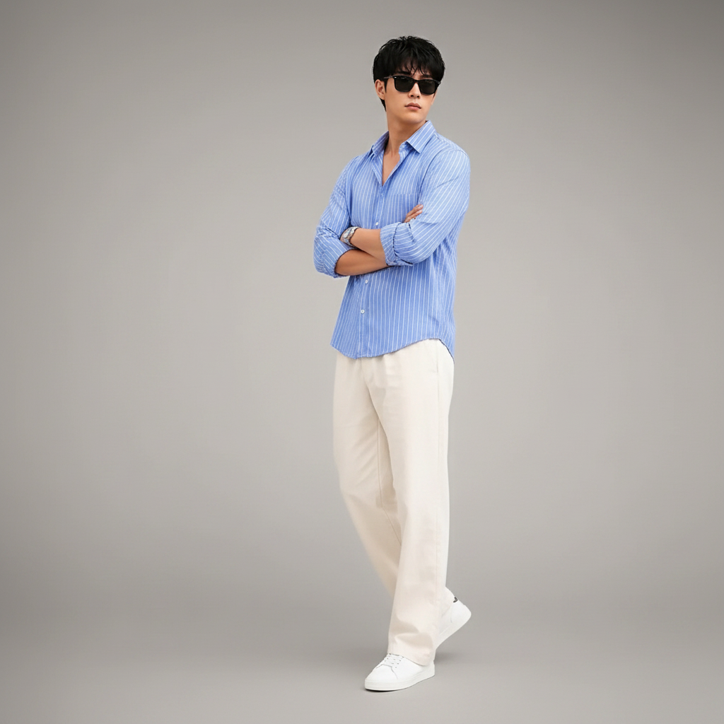Blue Striped Shirt & Wide-Leg Pants Set