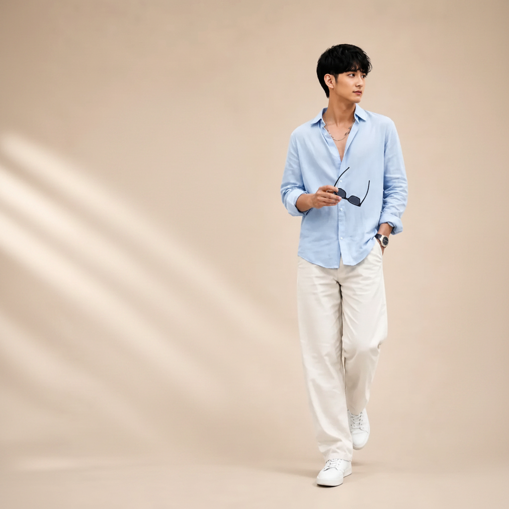 Sky Blue Shirt & Wide-Leg Pants Set