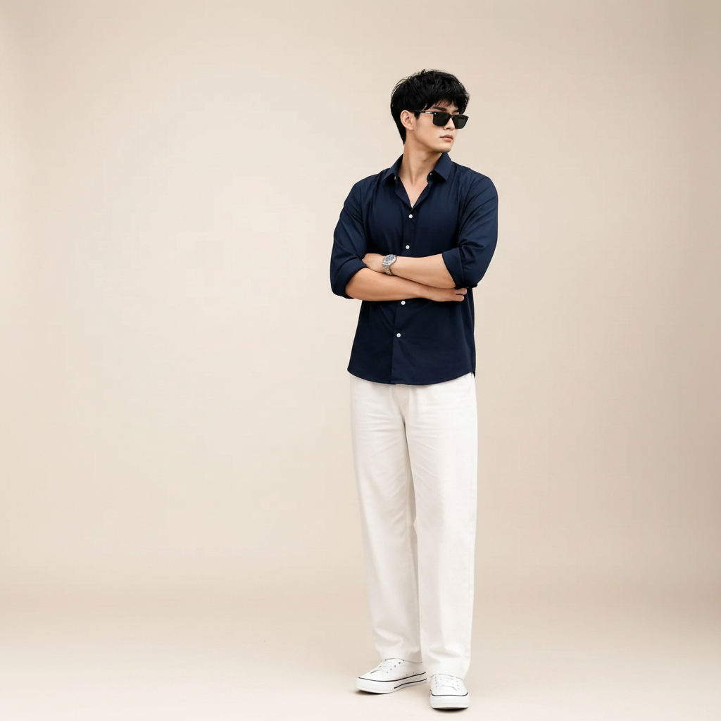 Navy Blue Shirt & Wide-Leg Pants Set