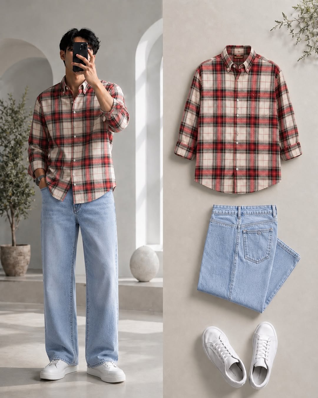 DripXO Plaid Flannel Overshirt ā Beige Red Check