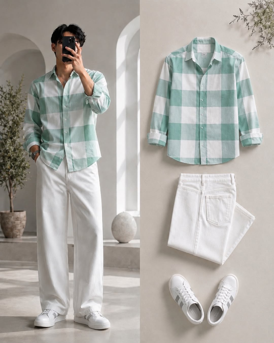 DripXO Mint Check Shirt ā White Wide-Leg Jeans Combo
