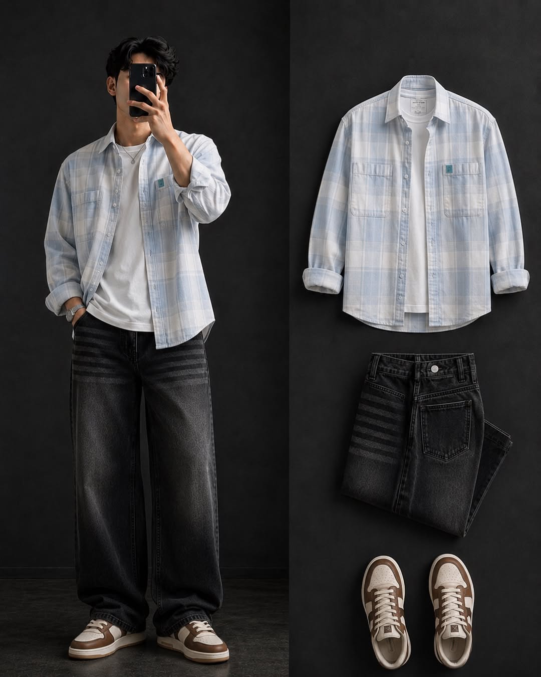 DripXO Light Blue Plaid Overshirt ā Dark Grey Jeans Combo