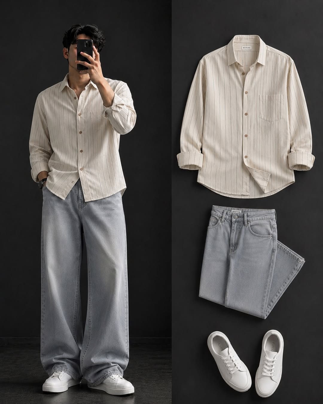DripXO Cream Pinstripe Shirt ā Light Grey Wide-Leg Jeans Combo