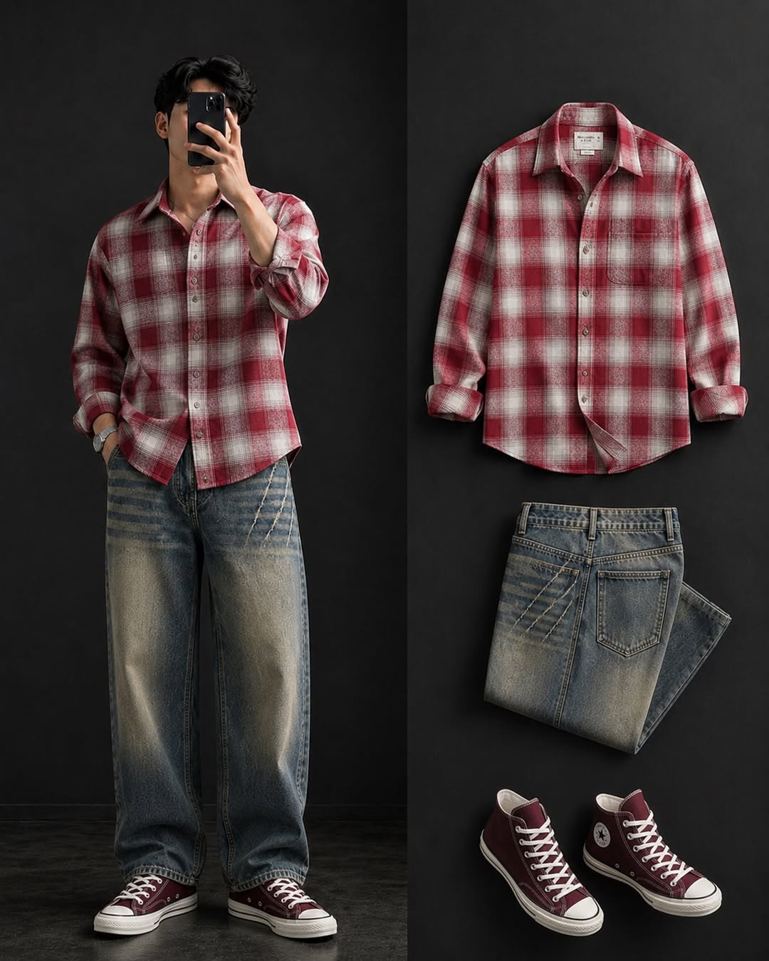 DripXO Red Plaid Flannel Shirt ā Vintage Blue Jeans Combo