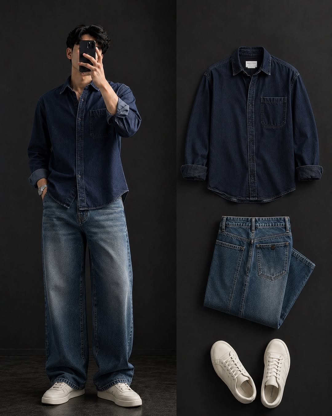 DripXO Navy Denim Shirt ā Light Blue Wide-Leg Jeans Combo