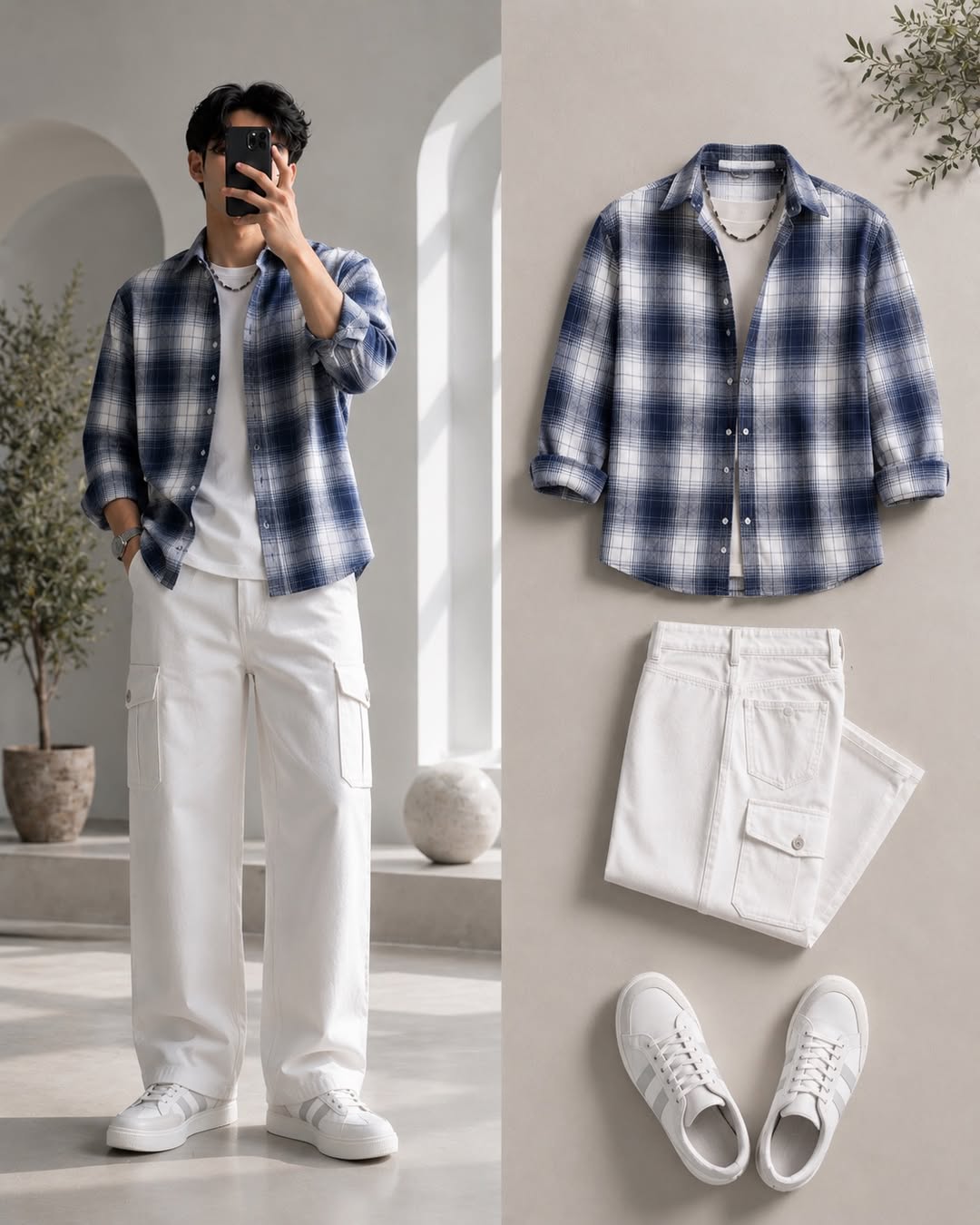 DripXO Blue Plaid Overshirt ā White Cargo Pants Combo