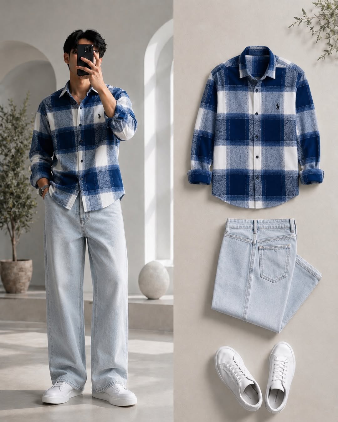 DripXO Navy Paisley Check Shirt ā Ice Blue Wide-Leg Jeans Combo