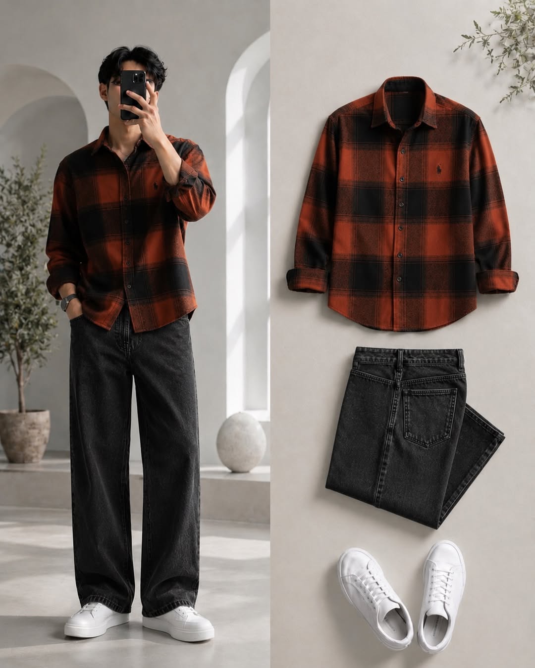DripXO Rust Check Flannel Shirt ā Washed Black Jeans Combo