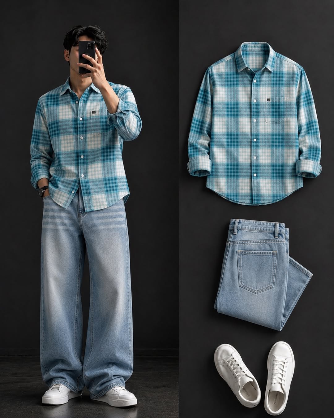 DripXO Teal Plaid Shirt ā Ice Blue Wide-Leg Jeans Combo