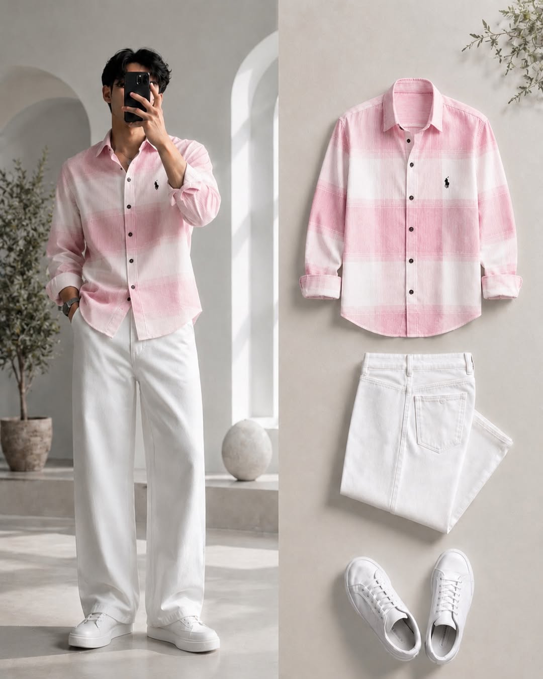 DripXO Blush Pink Check Shirt ā White Wide-Leg Jeans Combo