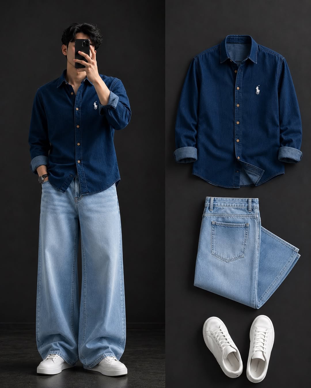 DripXO Dark Navy Denim Shirt ā Light Blue Wide-Leg Jeans Combo