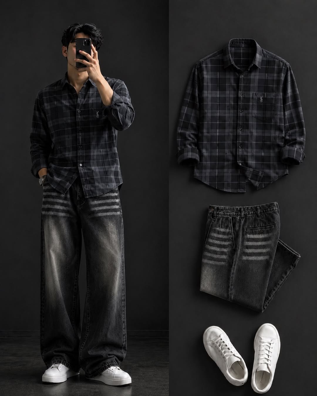 DripXO Dark Grey Plaid Shirt ā Vintage Washed Black Jeans Combo
