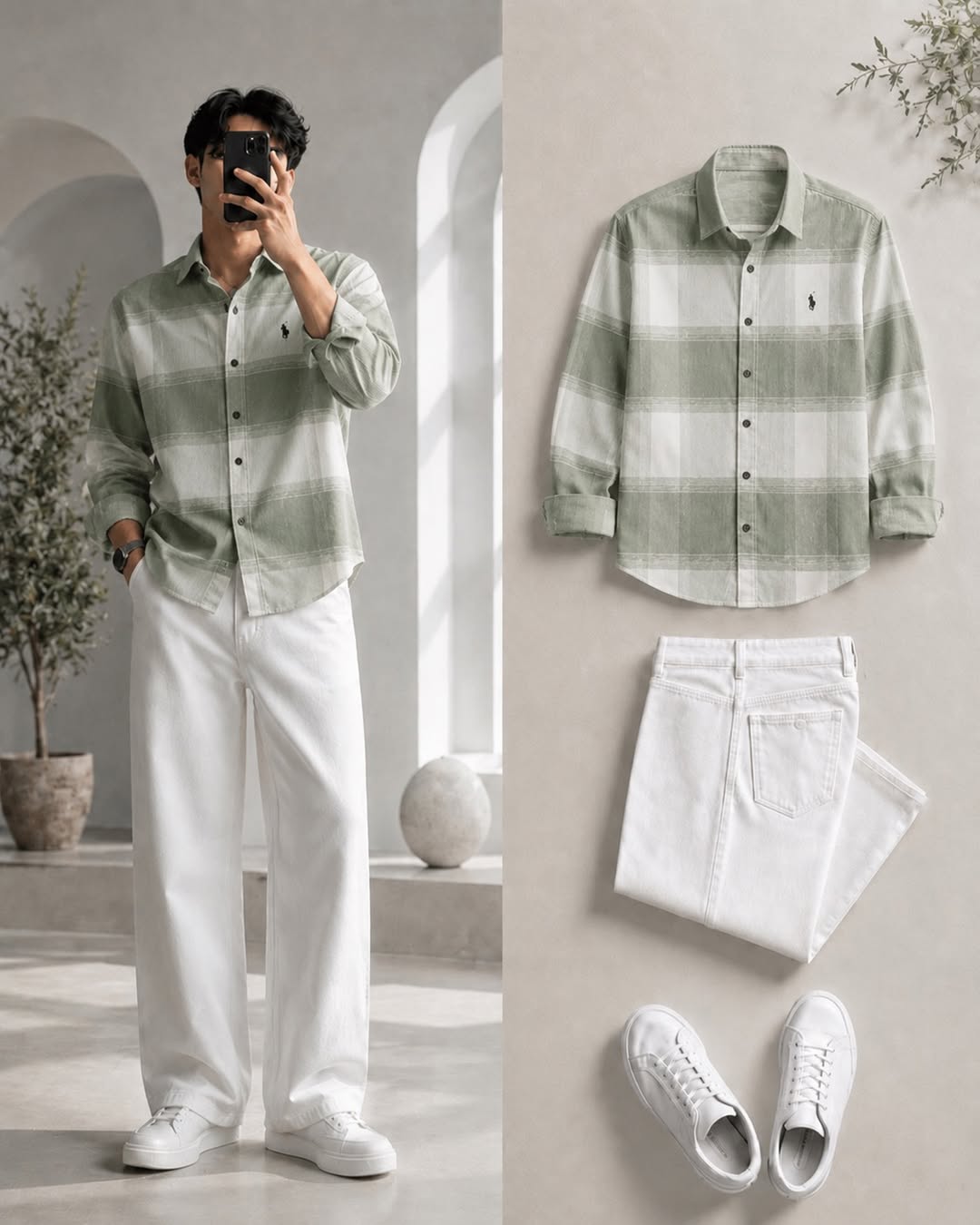 DripXO Sage Green Check Shirt ā White Wide-Leg Jeans Combo