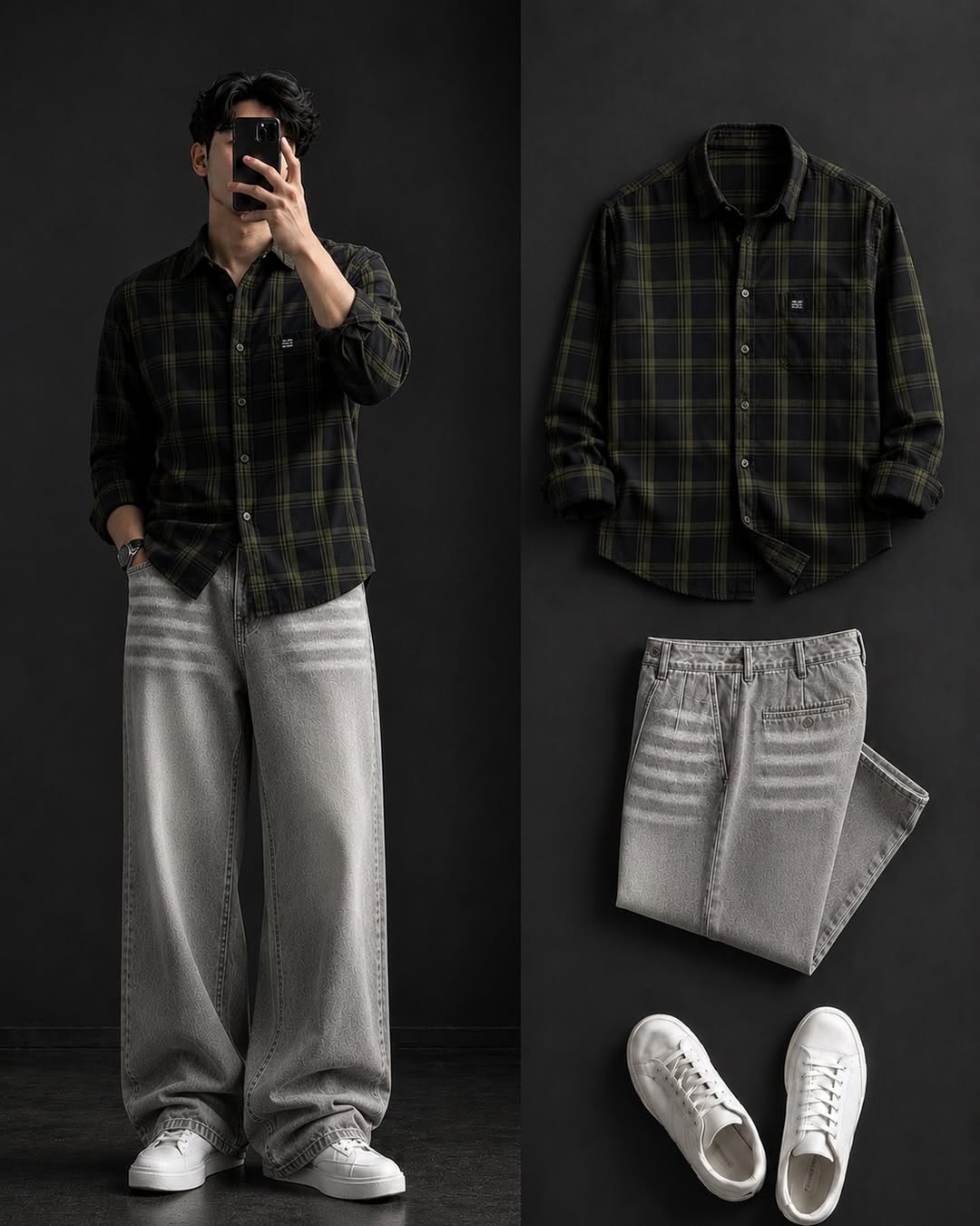 DripXO Olive Green & Black Plaid Shirt ā Light Grey Wide-Leg Jeans Combo