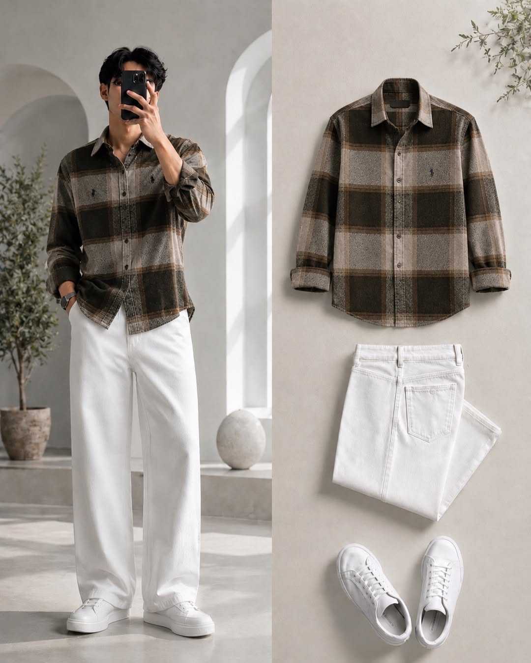 DripXO Olive Brown Check Shirt ā White Wide-Leg Jeans Combo