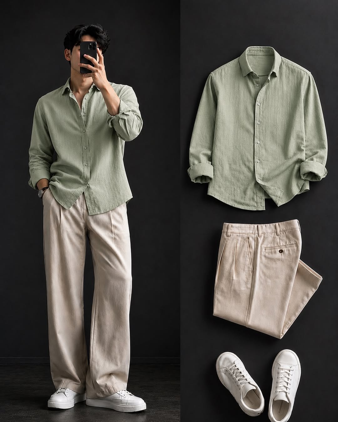DripXO Sage Green Shirt ā Beige Wide-Leg Chinos Combo
