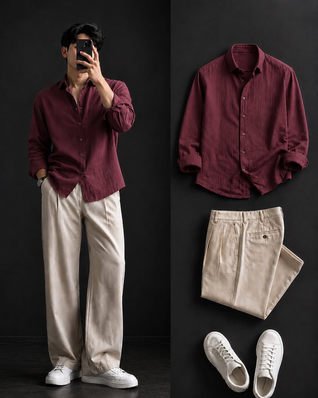 DripXO Maroon Shirt ā Beige Wide-Leg Chinos Combo
