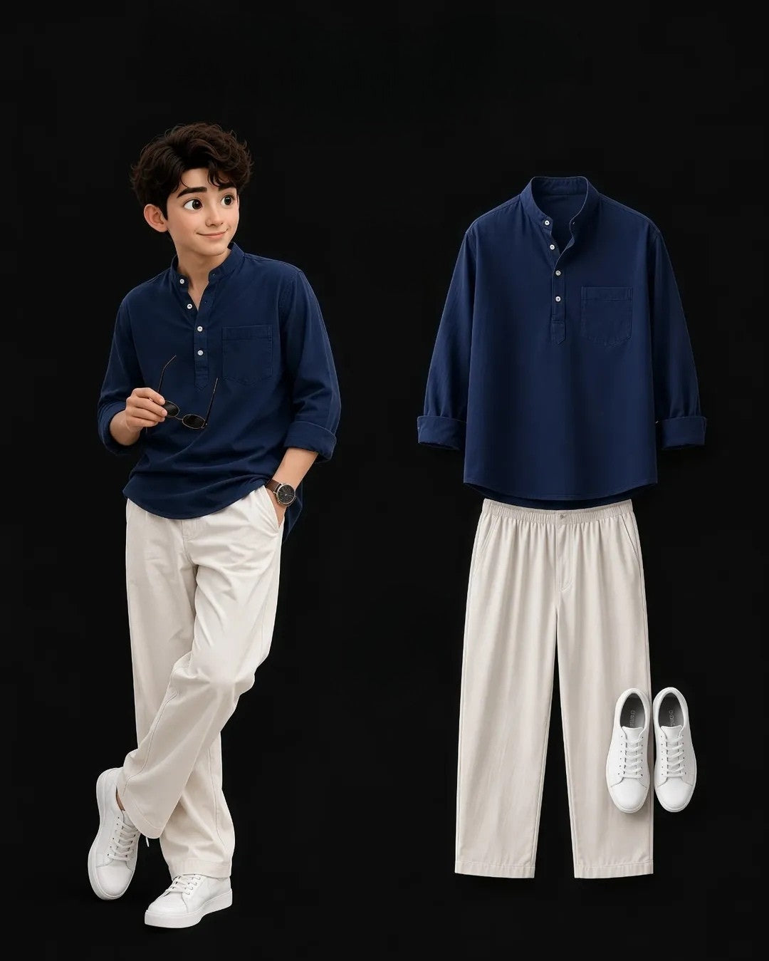 Navy Blue Shirt & Cream Wide Leg Pants Set
