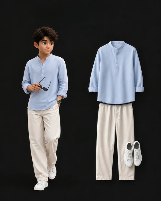 Sky Blue Shirt & Cream Wide Leg Pants Set