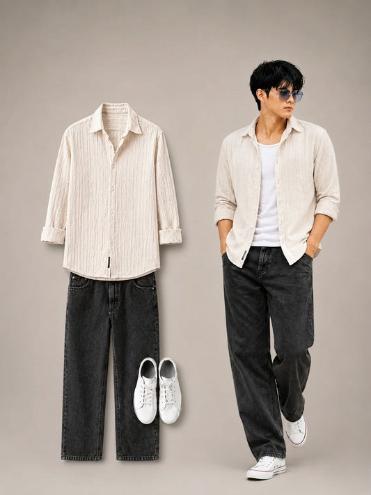 Men's Oversized Cream Textured Shirt – Relaxed Casual Fit
