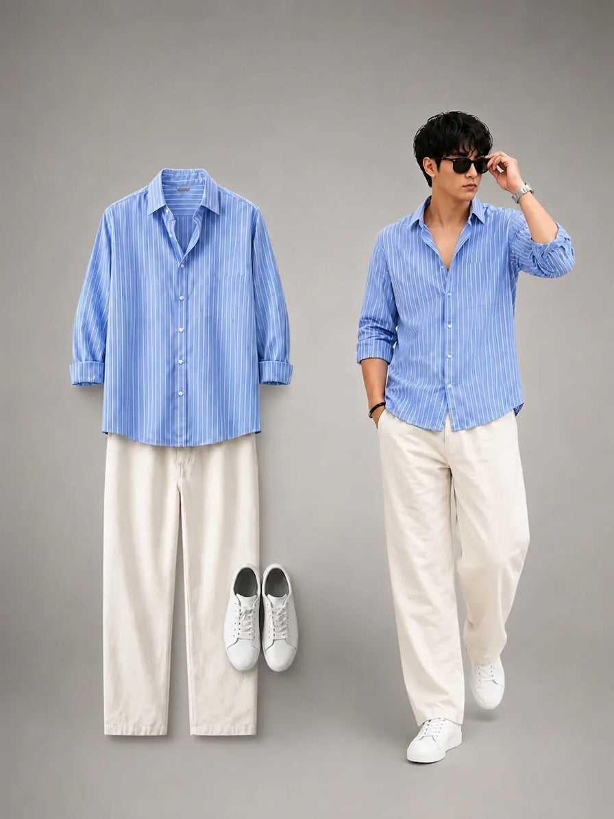 Blue Striped Shirt & Wide-Leg Pants Set