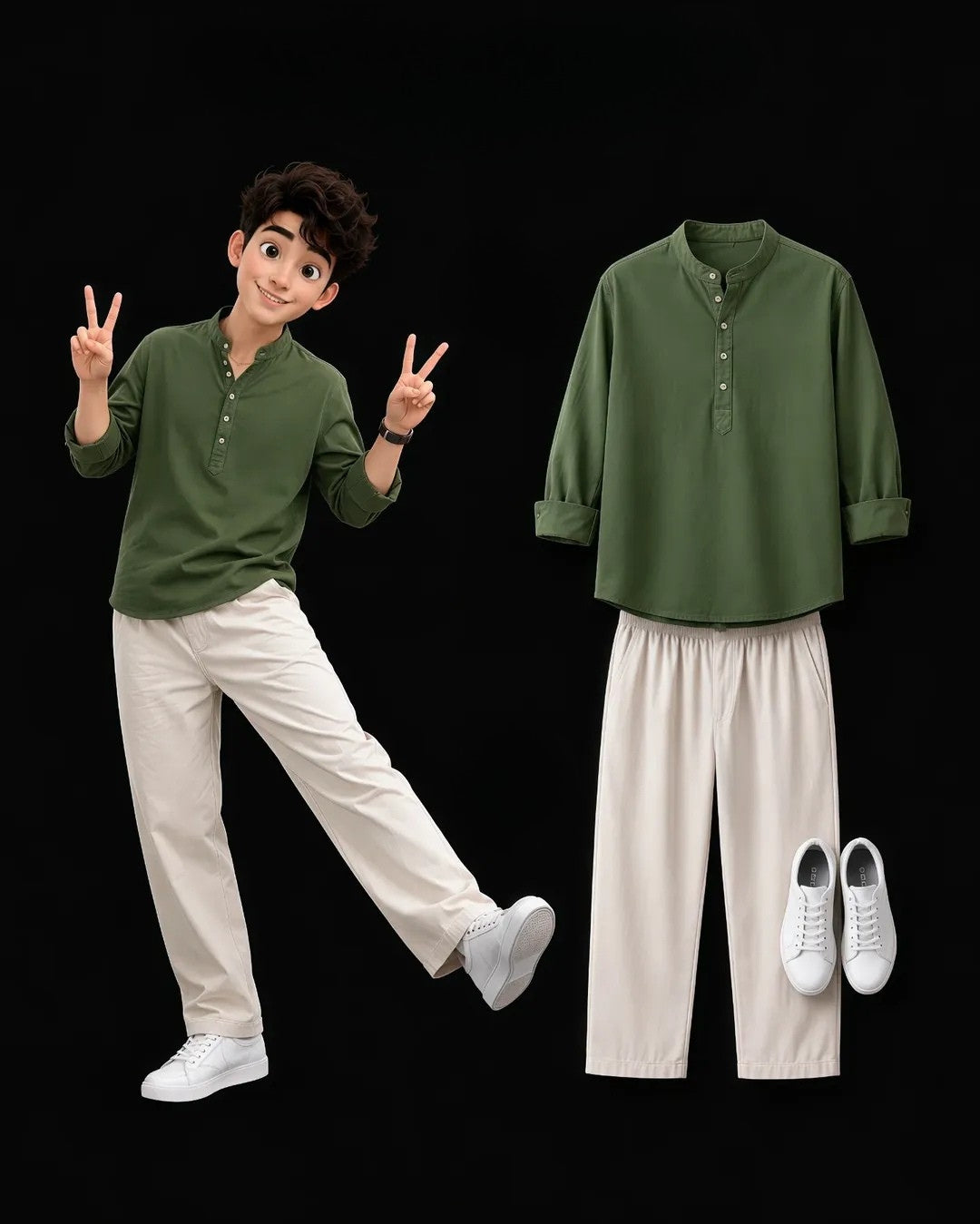 Olive Green Shirt & Cream Wide Leg Pants Set