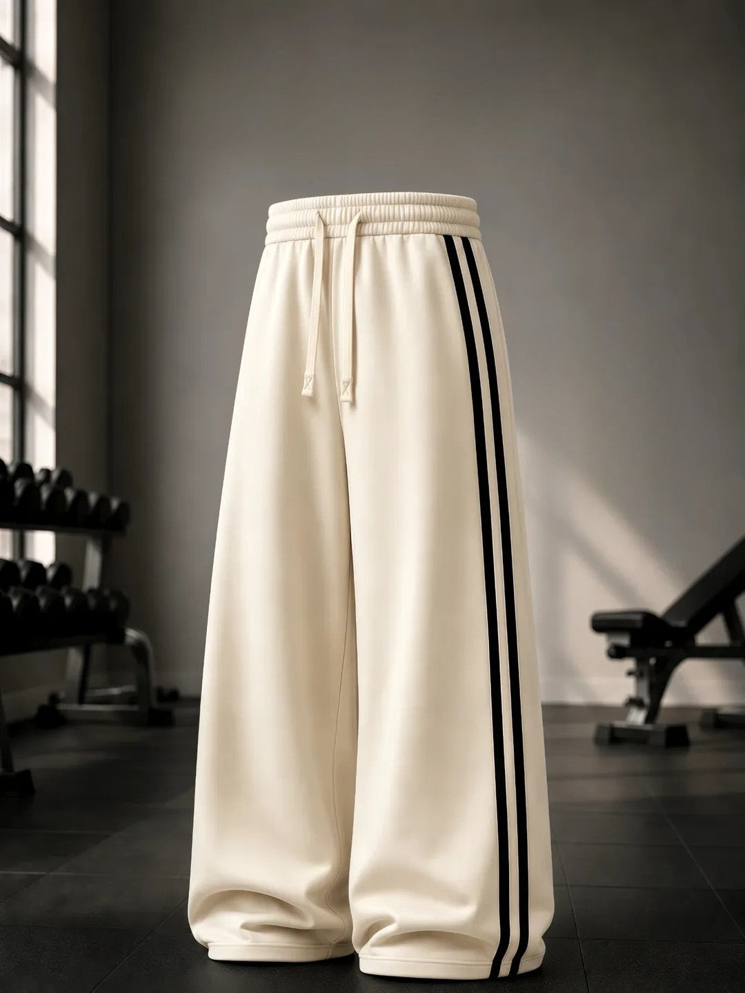 Cream Double Stripe Wide Leg Track Pants