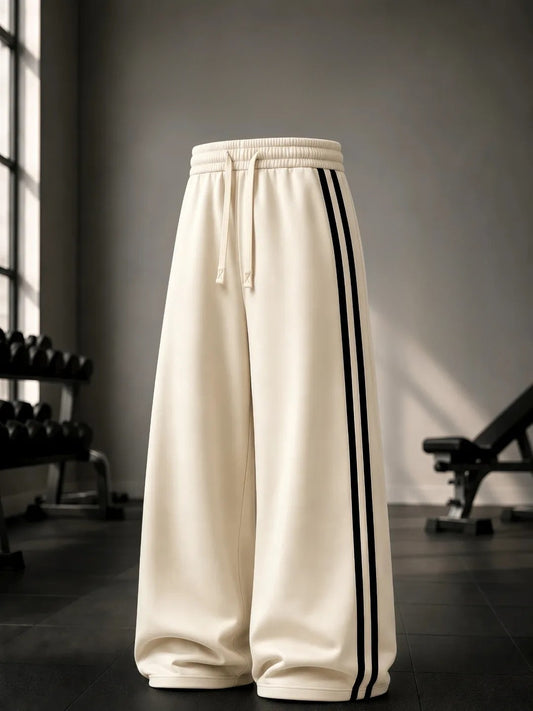 Cream Double Stripe Wide Leg Track Pants
