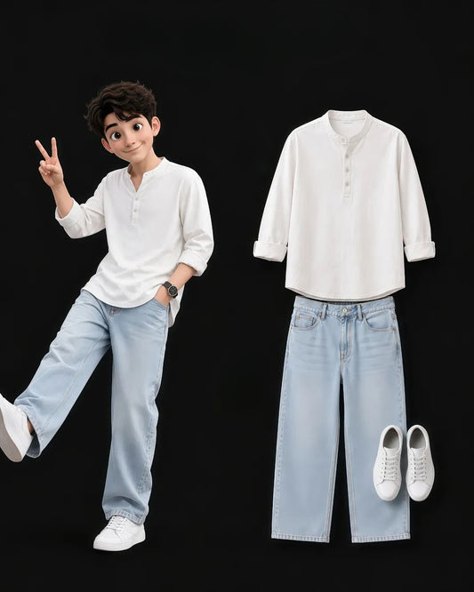 White Shirt & Light Blue Wide Leg Jeans Set