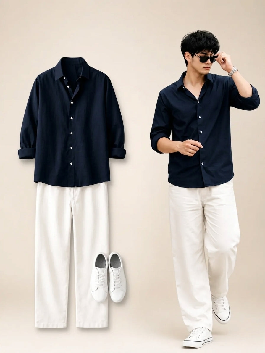 Navy Blue Shirt & Wide-Leg Pants Set