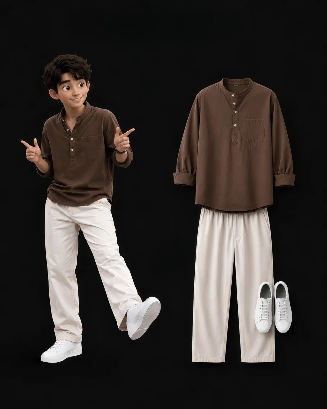 Dark Brown Shirt & Cream Wide Leg Pants Set