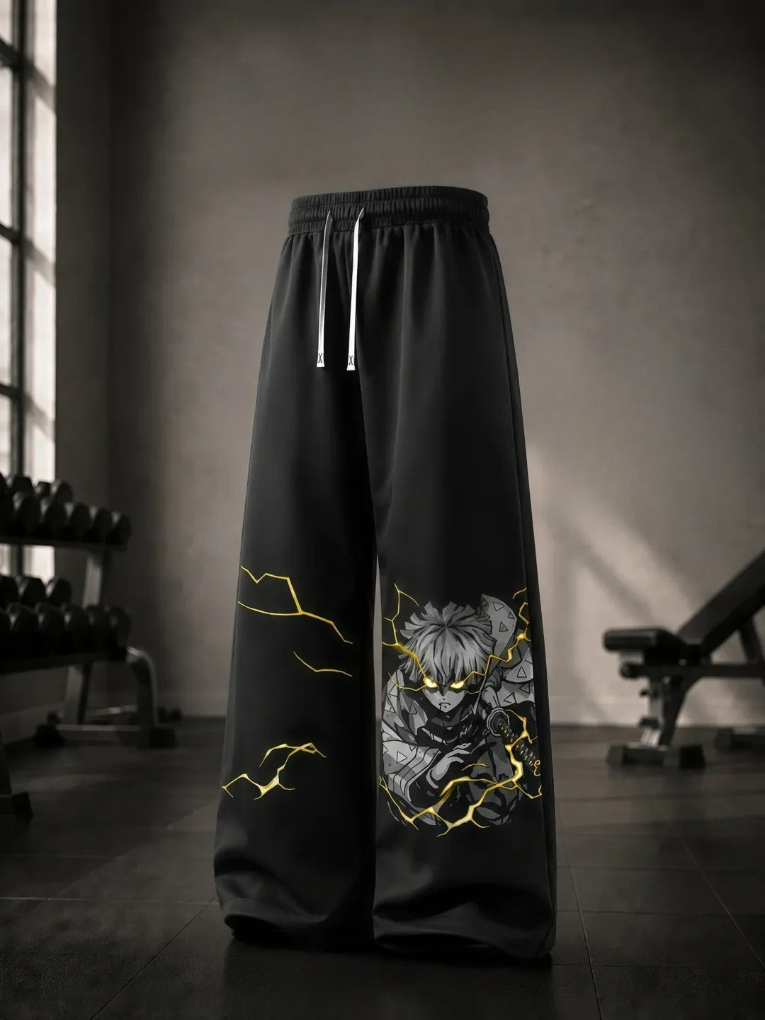 Black Anime Lightning Graphic Wide Leg Track Pants