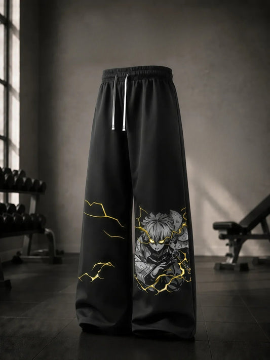 Black Anime Lightning Graphic Wide Leg Track Pants