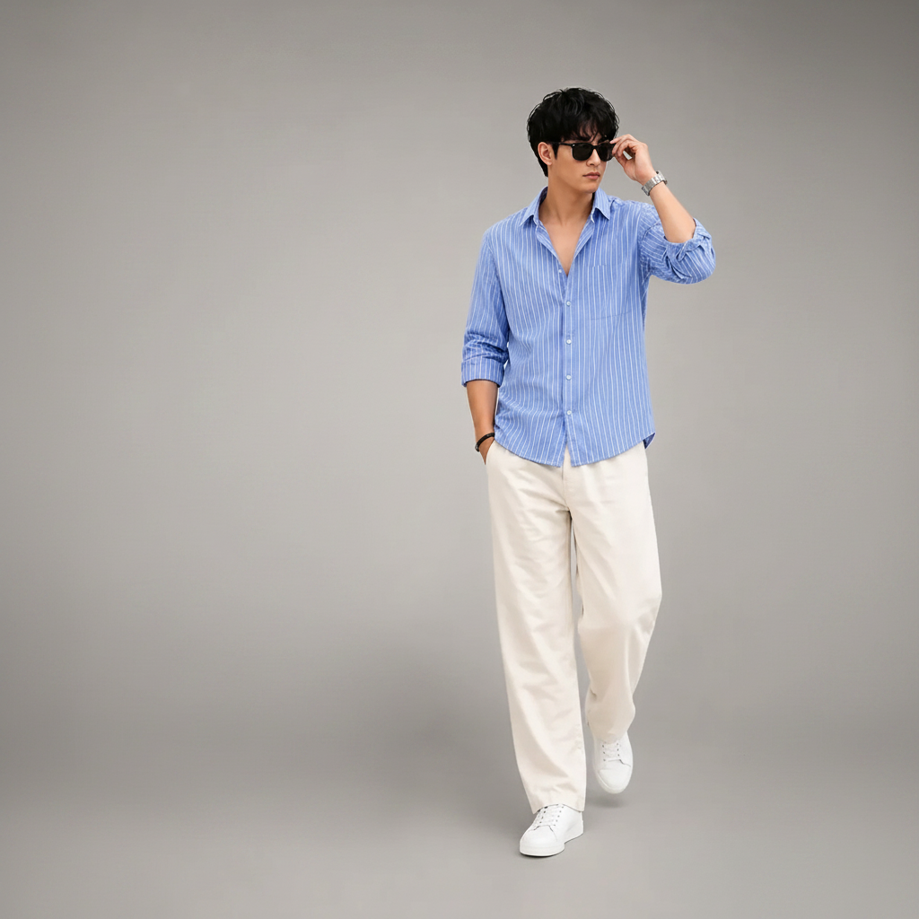 Blue Striped Shirt & Wide-Leg Pants Set