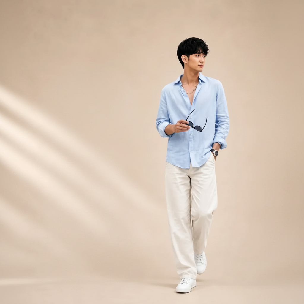Sky Blue Shirt & Wide-Leg Pants Set
