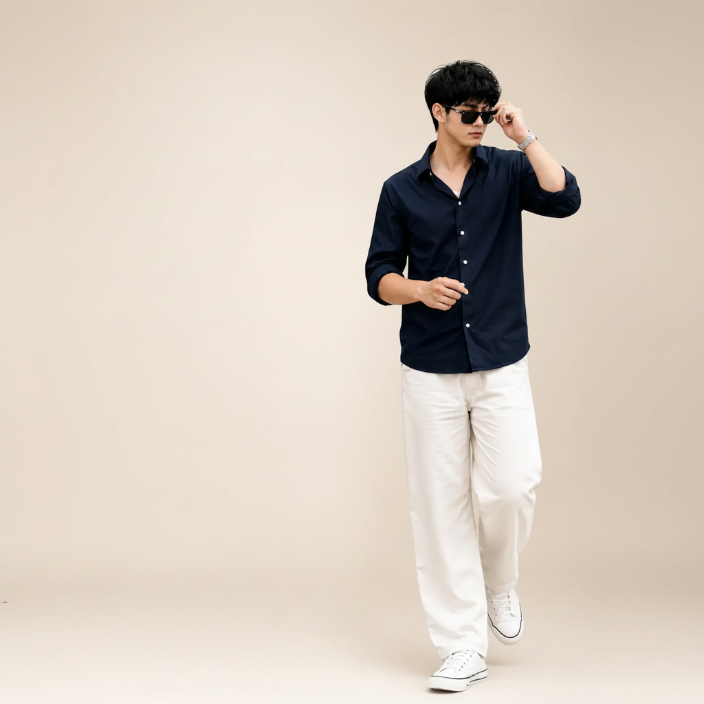 Navy Blue Shirt & Wide-Leg Pants Set
