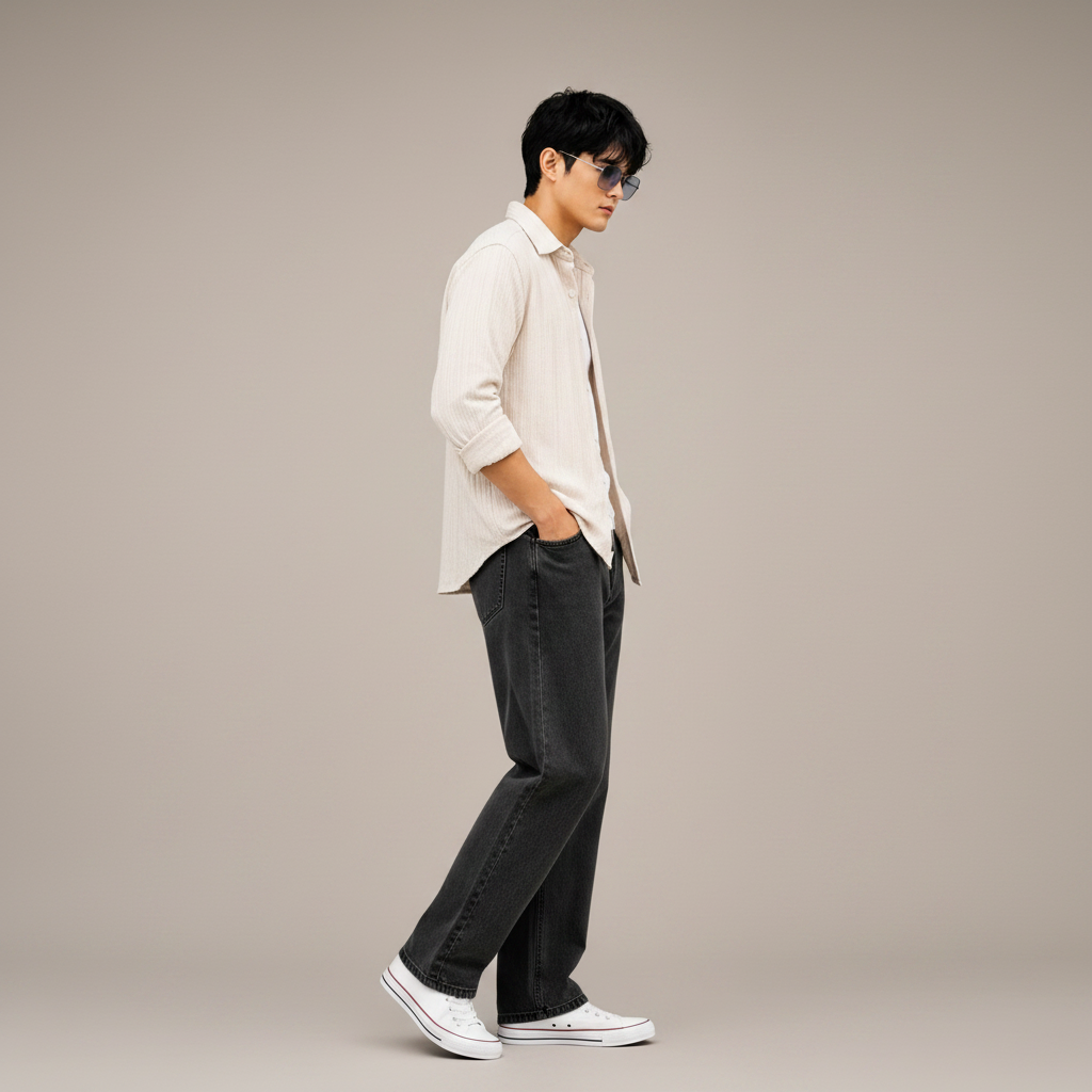 Men's Oversized Cream Textured Shirt – Relaxed Casual Fit