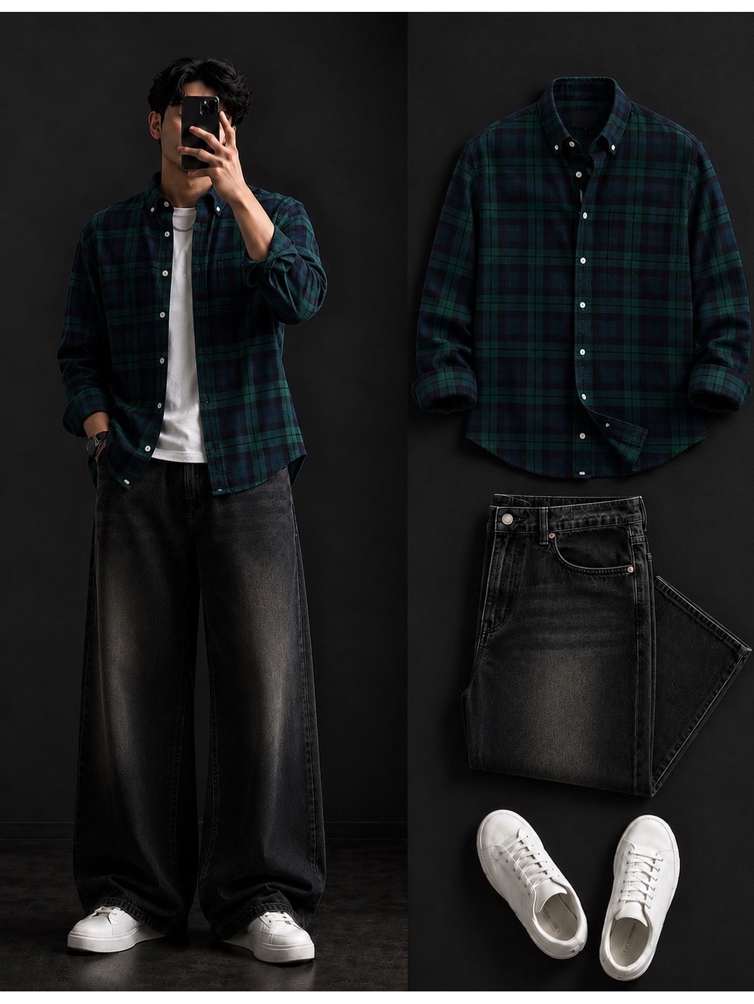 Dark Green & Navy Blackwatch Plaid Shirt + Wide-Leg Black Jeans Set