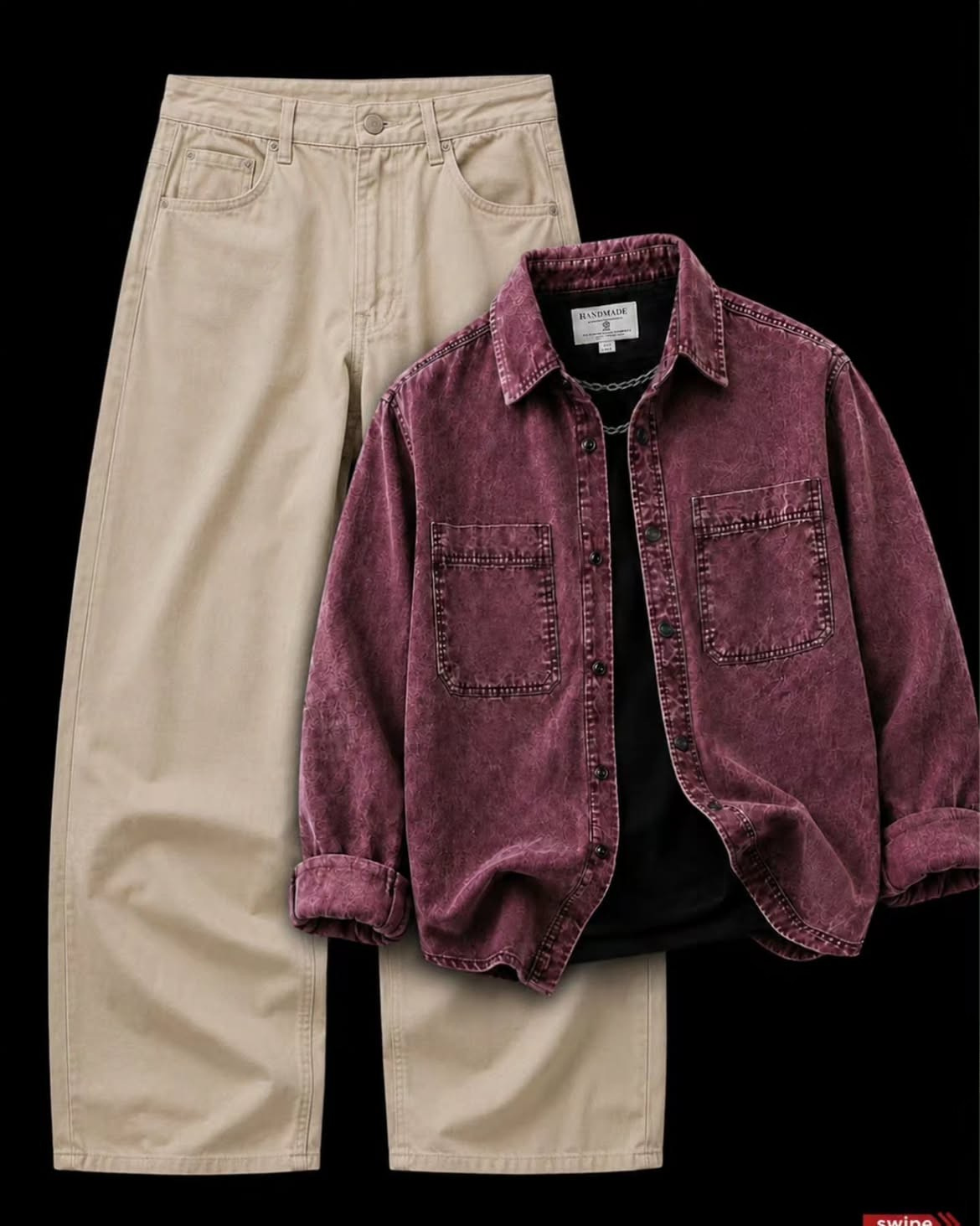 Washed Burgundy Denim Overshirt + Khaki Wide-Leg Jeans + Black Inner Tee