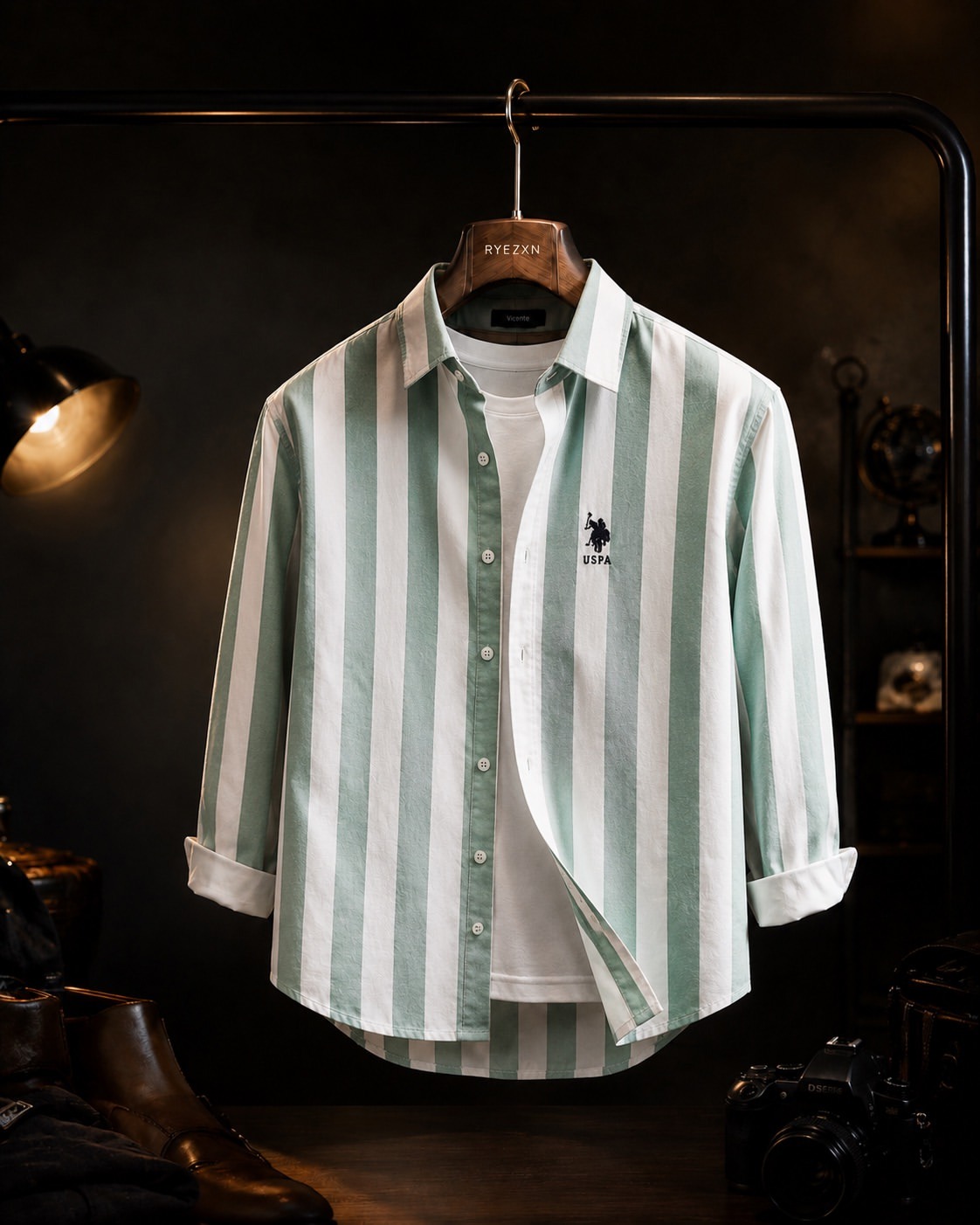 Sage Green & White Bold Stripe Overshirt — USPA