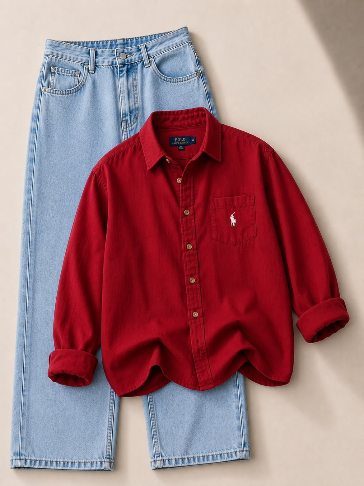 Cherry Red Polo Ralph Lauren Oxford Shirt + Light Wash Wide-Leg Jeans
