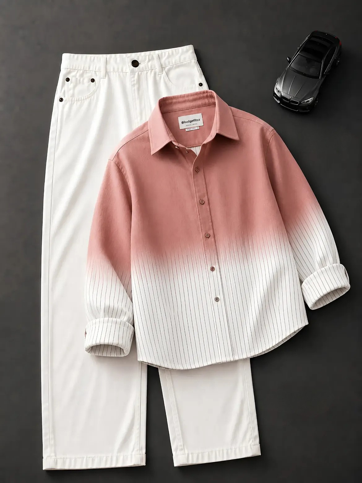 Pink-to-White Ombre Pinstripe Shirt + White Wide-Leg Jeans