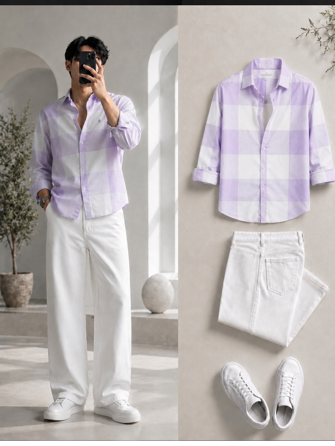 Lavender Buffalo Check Shirt + Wide-Leg White Jeans Set
