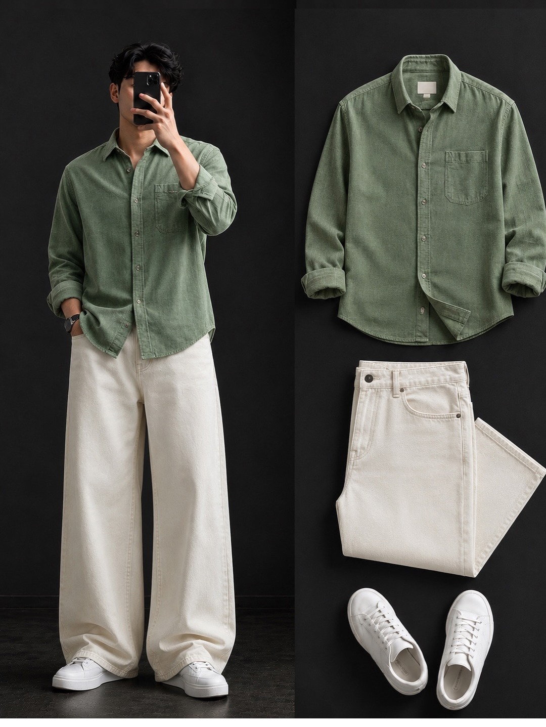 Sage Green Solid Shirt + Wide0Leg Cream Jeans Set