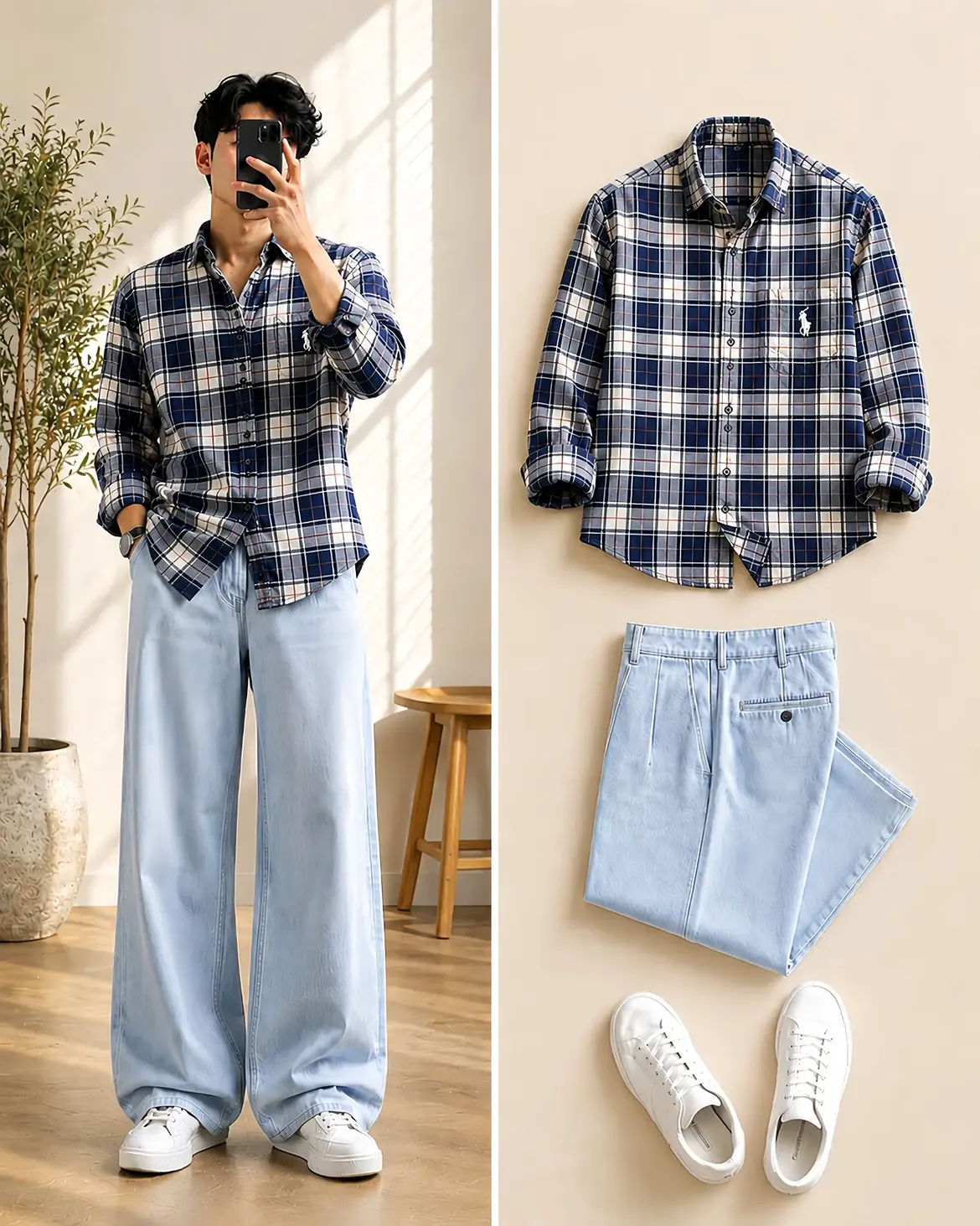  Navy & White Plaid Flannel Polo Ralph Lauren Shirt + Light Blue Wide-Leg Jeans + White Sneakers