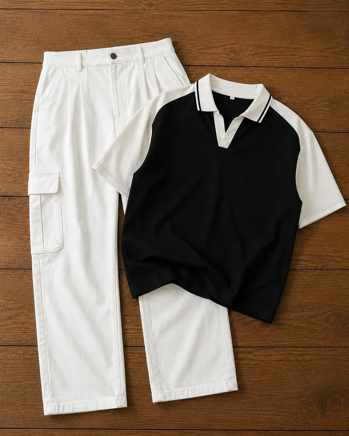 Black & White Colorblock Polo Tee + White Cargo Wide-Leg Trousers