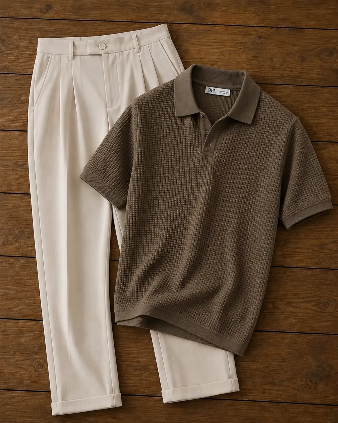Mocha Brown Waffle Knit Polo + Cream Pleated Wide-Leg Trousers