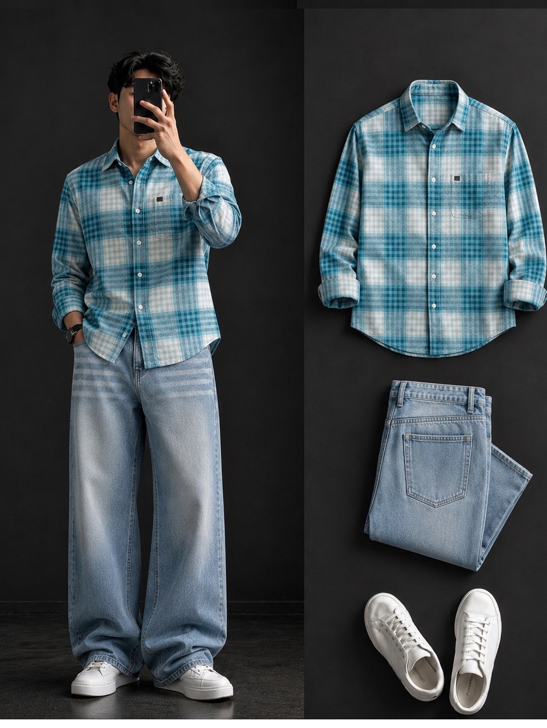 Teal Plaid Shirt + Wide-Leg Light Wash Jeans Set
