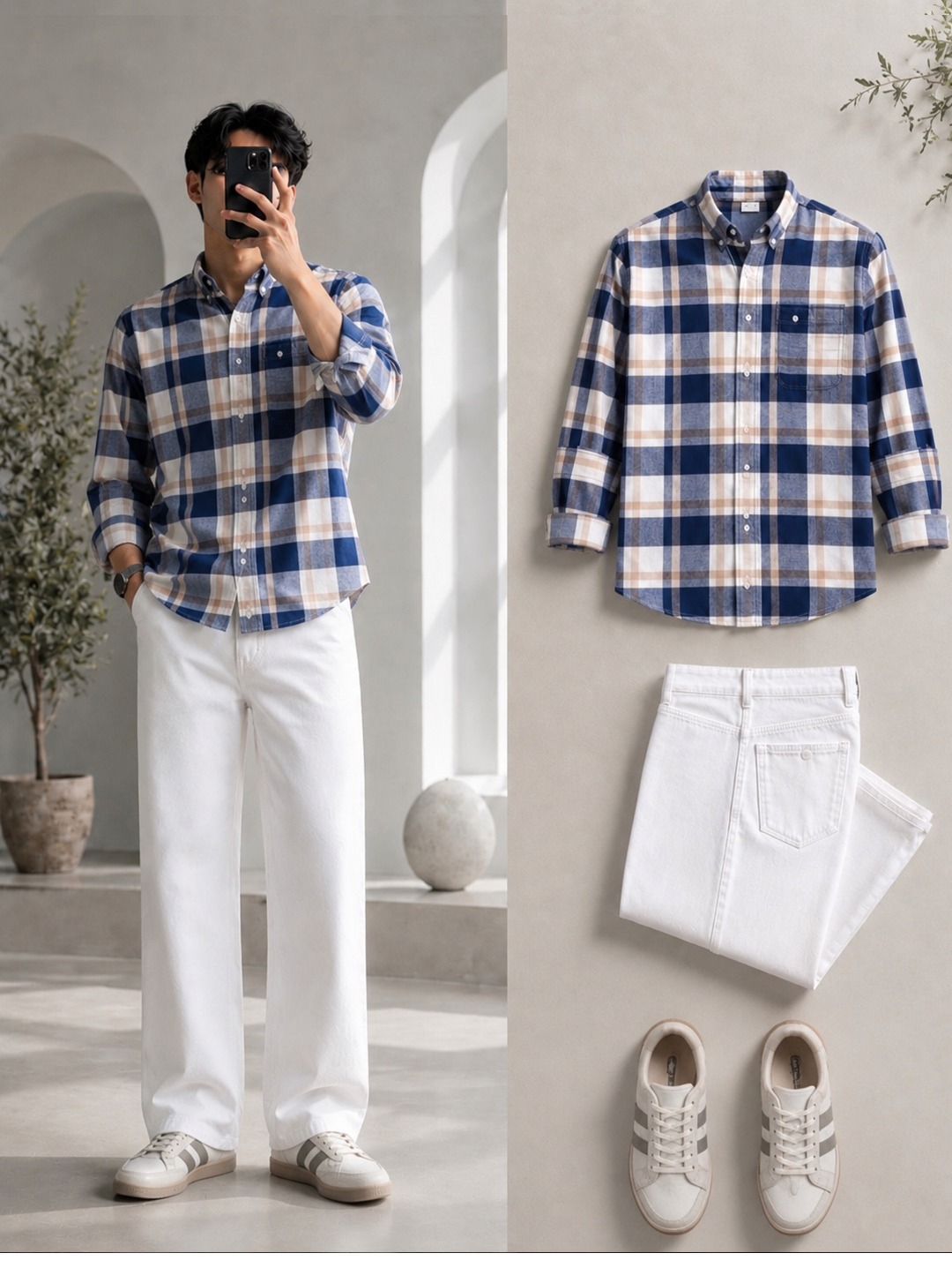 Navy & Beige Buffalo Check Shirt + Wide-Leg White Jeans Set