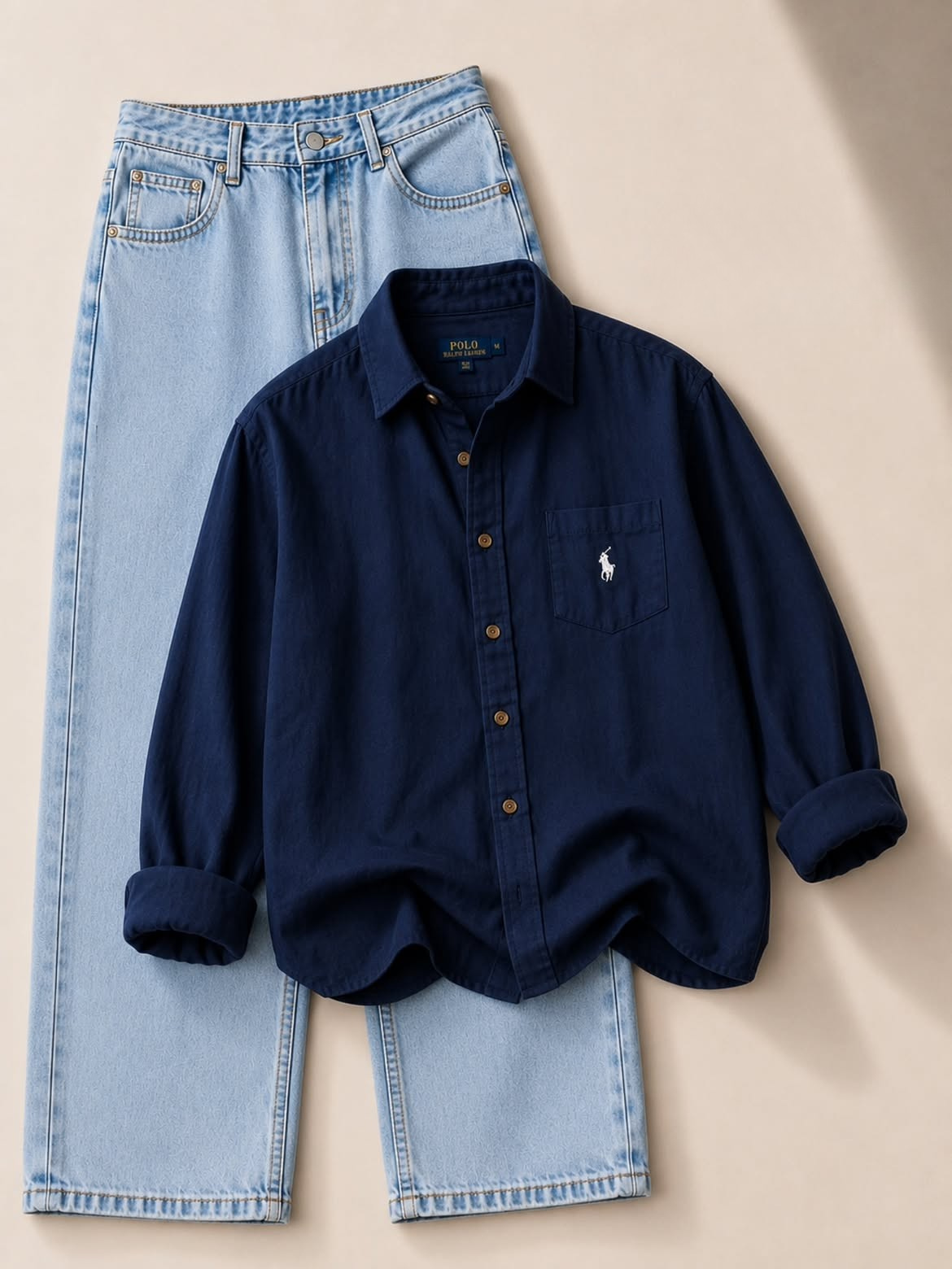 Navy Blue Polo Ralph Lauren Oxford Shirt + Light Wash Wide-Leg Jeans